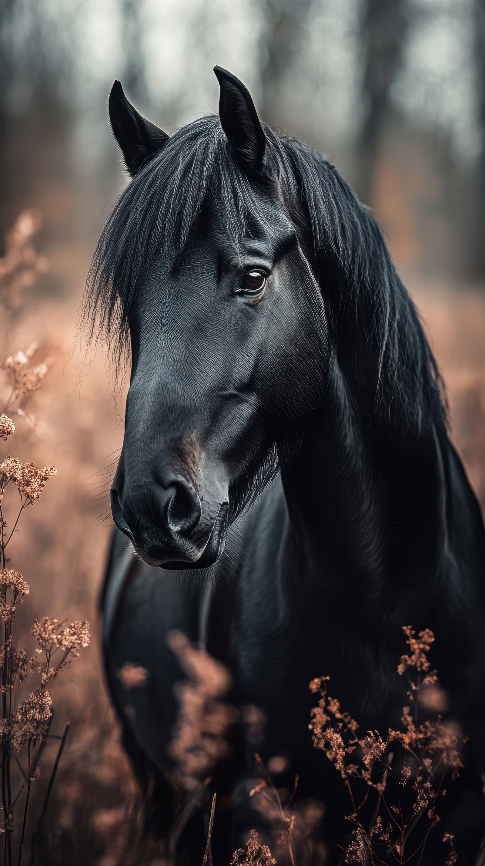 Majestic black horse captured in a serene autumn landscape with soft golden foliage